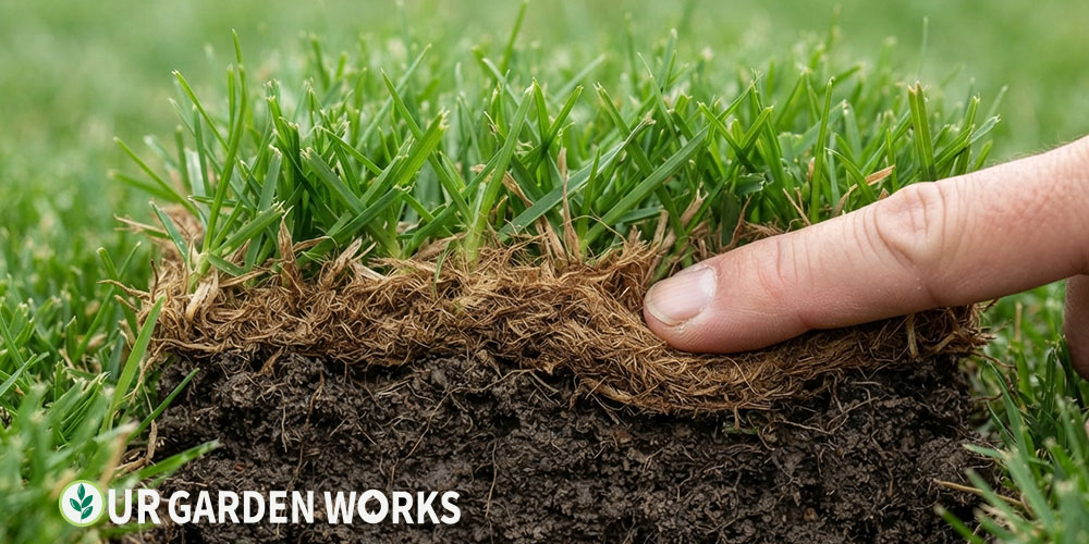 Spongy lawn cross-section showing thick thatch layer above soil