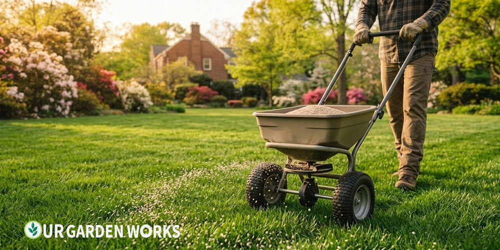 Spring lawn care schedule — broadcast spreader applying fertiliser on green
