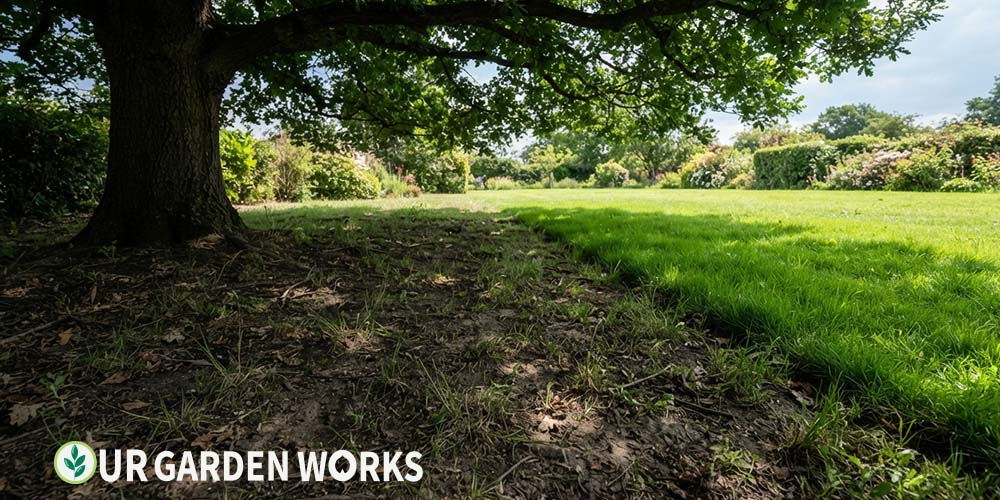 Thin patchy lawn growing under shade compared to thick lawn in sun