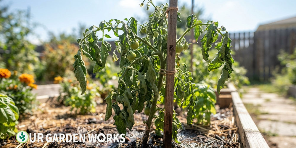 Tomato leaves drooping in afternoon heat — a normal heat-management response