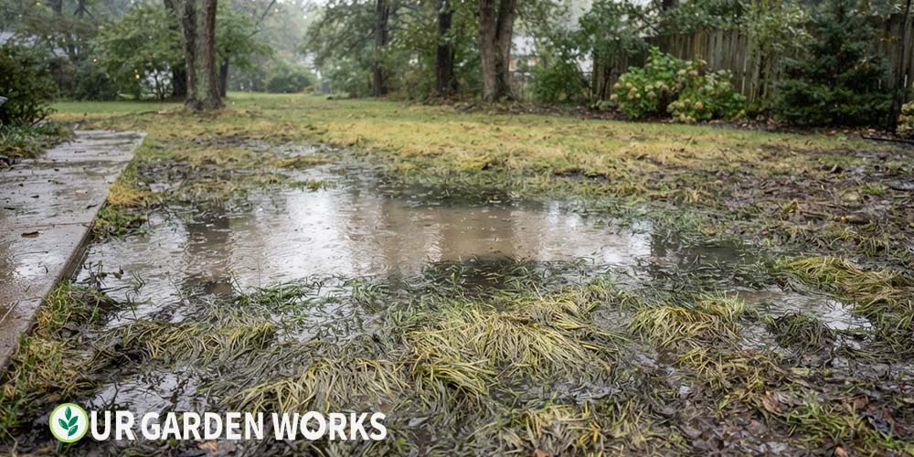 Waterlogged lawn after heavy rain with standing water and stressed grass