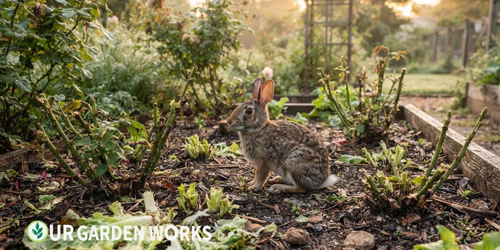 What do rabbits eat in the garden — wild rabbit among damaged garden plants showing typical rabbit feeding damage