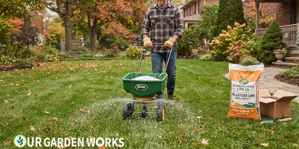 When to apply lime to lawn — spreader applying granular lime in fall