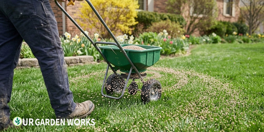 When to fertilize lawn — spreader applying fertilizer to a healthy lawn