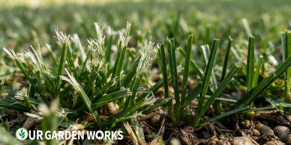 White frayed grass blade tips from dull mower blade damage