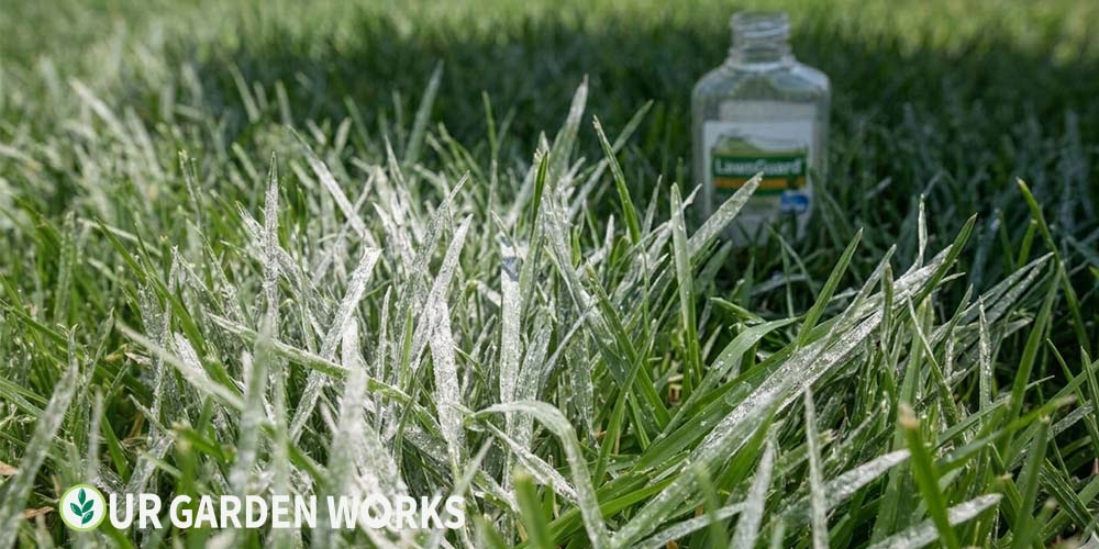 White powder on grass blades — powdery mildew in a shaded lawn area