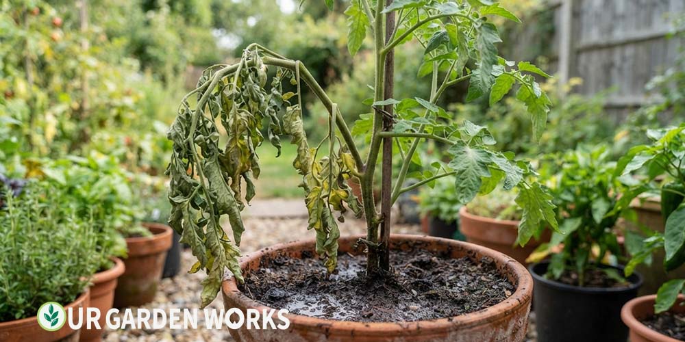 Wilting tomato plant with moist soil — disease-related wilt rather than drought