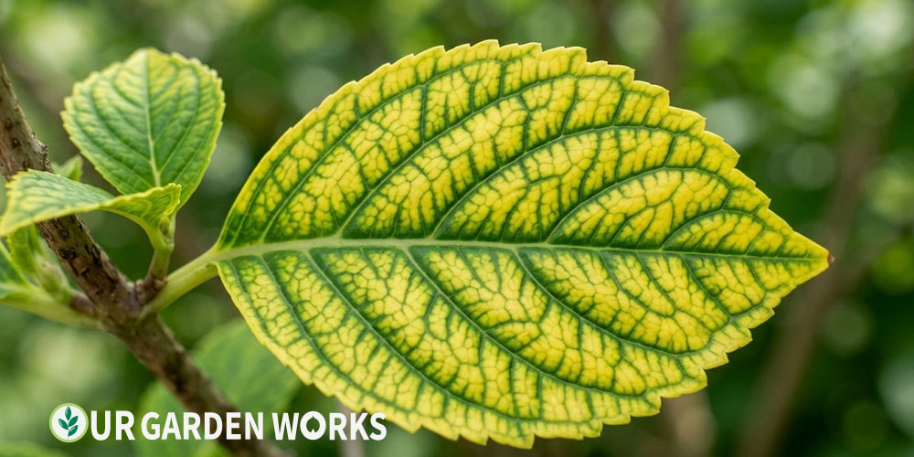 Yellow leaves on hydrangea — iron chlorosis pattern with green veins on yellow leaf