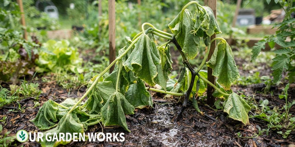 Cucumber plant wilting despite moist soil — bacterial wilt pattern