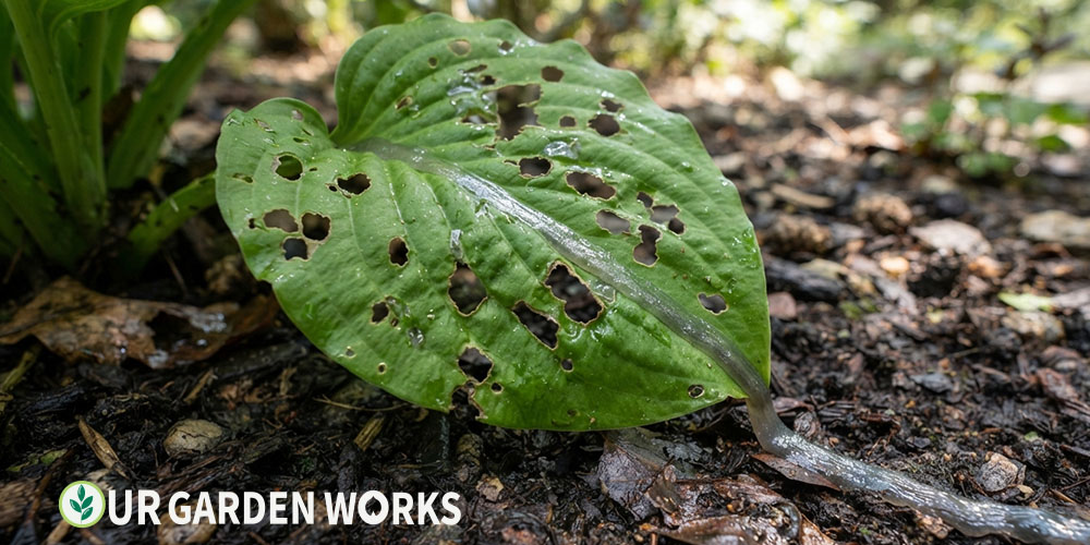 Holes in hosta leaves — slug damage with visible slime trail