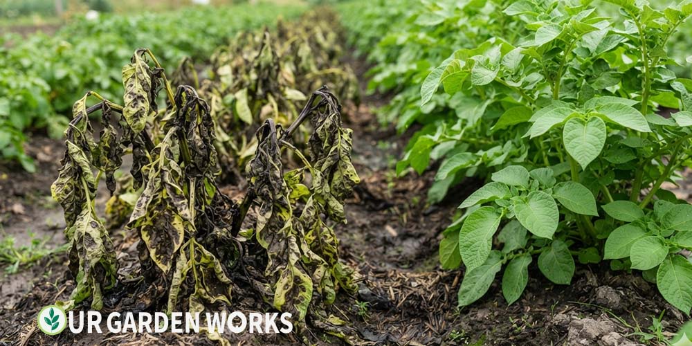 Potato plant wilting with disease lesions