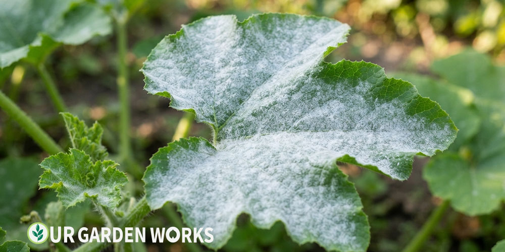 Powdery mildew on squash leaves — white powdery coating on leaf surface