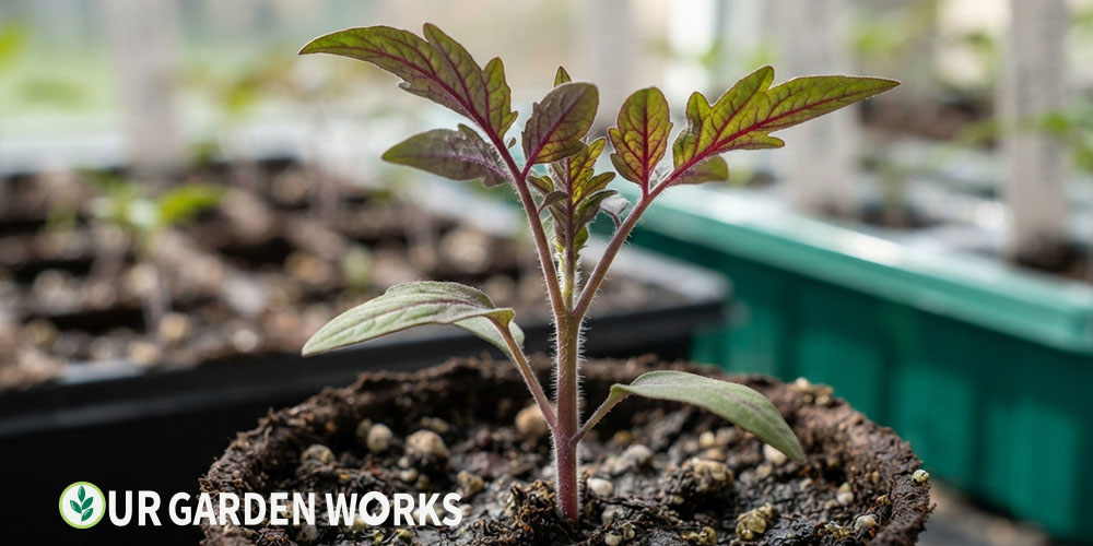 Purple leaves on tomato plant — purple veining typical of phosphorus deficiency or cold stress