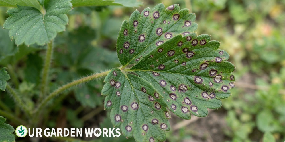 Spots on strawberry leaves — common leaf spot disease pattern