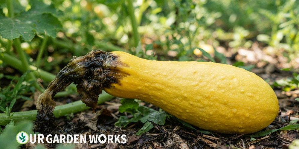 Squash rotting at the stem end — failed pollination or fungal rot pattern
