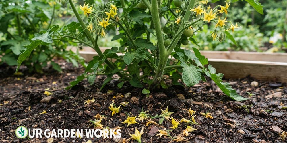 Tomato flowers fallen on soil before fruit set, blossom drop pattern
