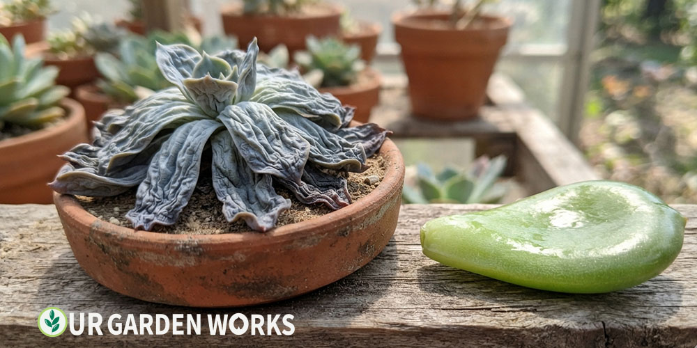 Wrinkled leaves on succulent — deflated leaf texture from underwatering
