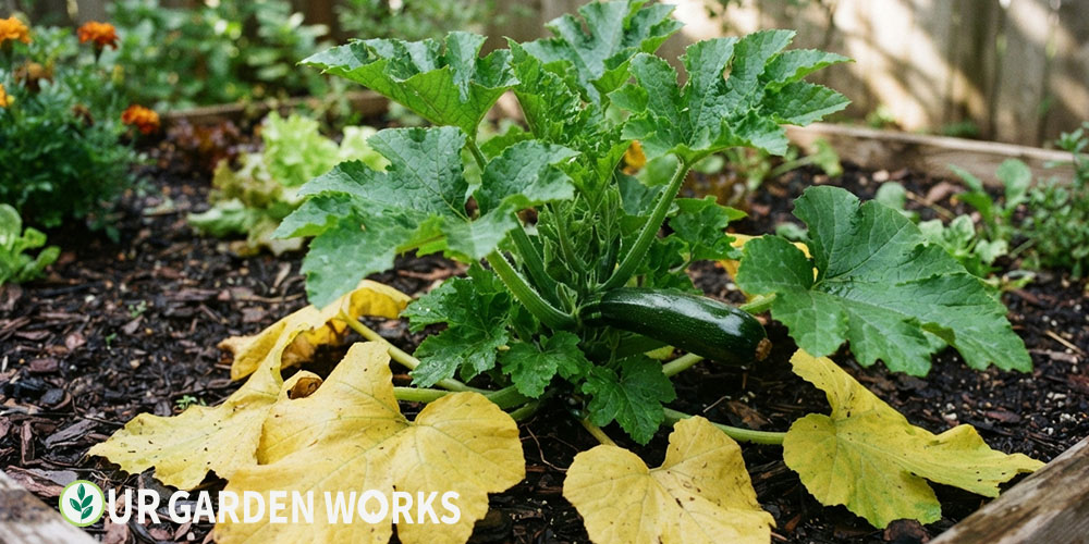 Yellow leaves on zucchini plant — lower leaf yellowing pattern
