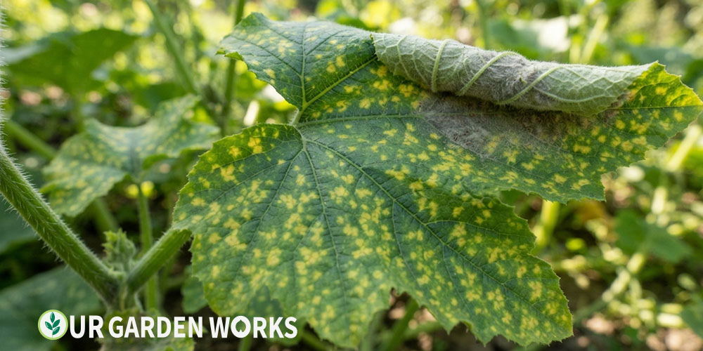 Yellow spots on squash leaves — downy mildew pattern between leaf veins