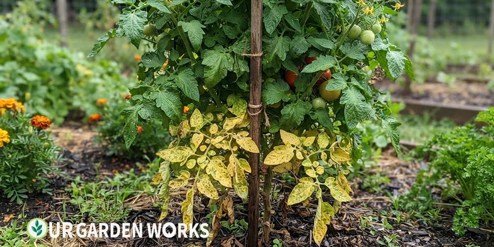 Yellowing lower leaves on tomato plant — bottom-up yellowing pattern with healthy upper growth